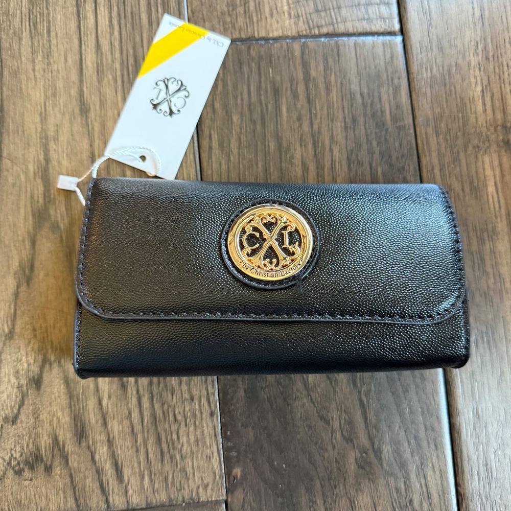 CXL by‎ Christian Lacroix NWT Black Pebbled Faux Leather Gold Wristlet